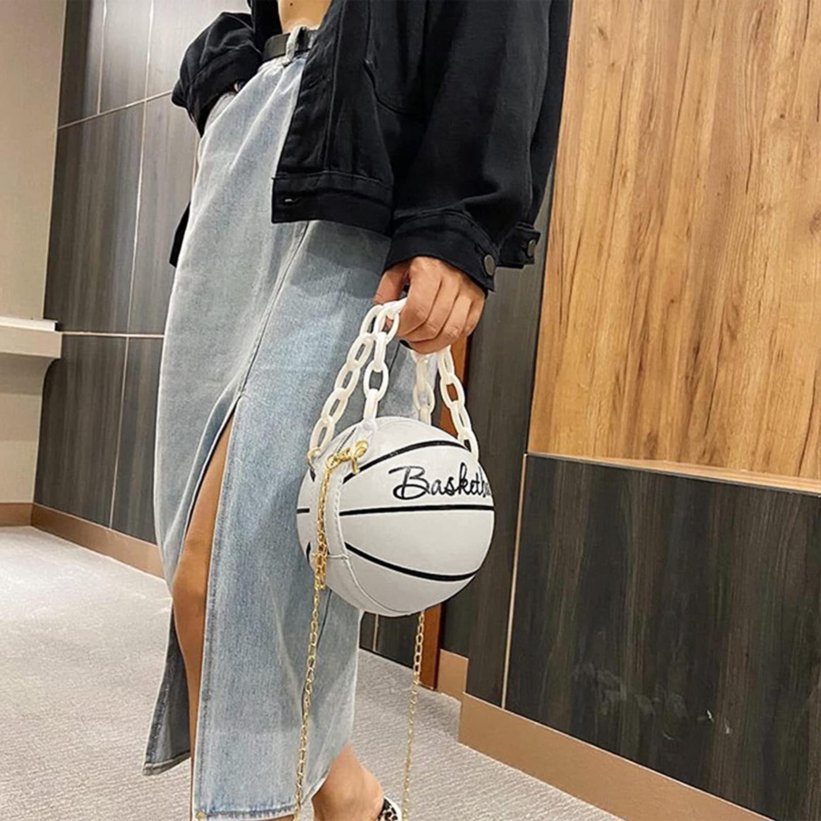 Faraee Basketball Shaped Cross Body Bag Leather Round Handbag Messenger Shoulder Purse with Chain Strap