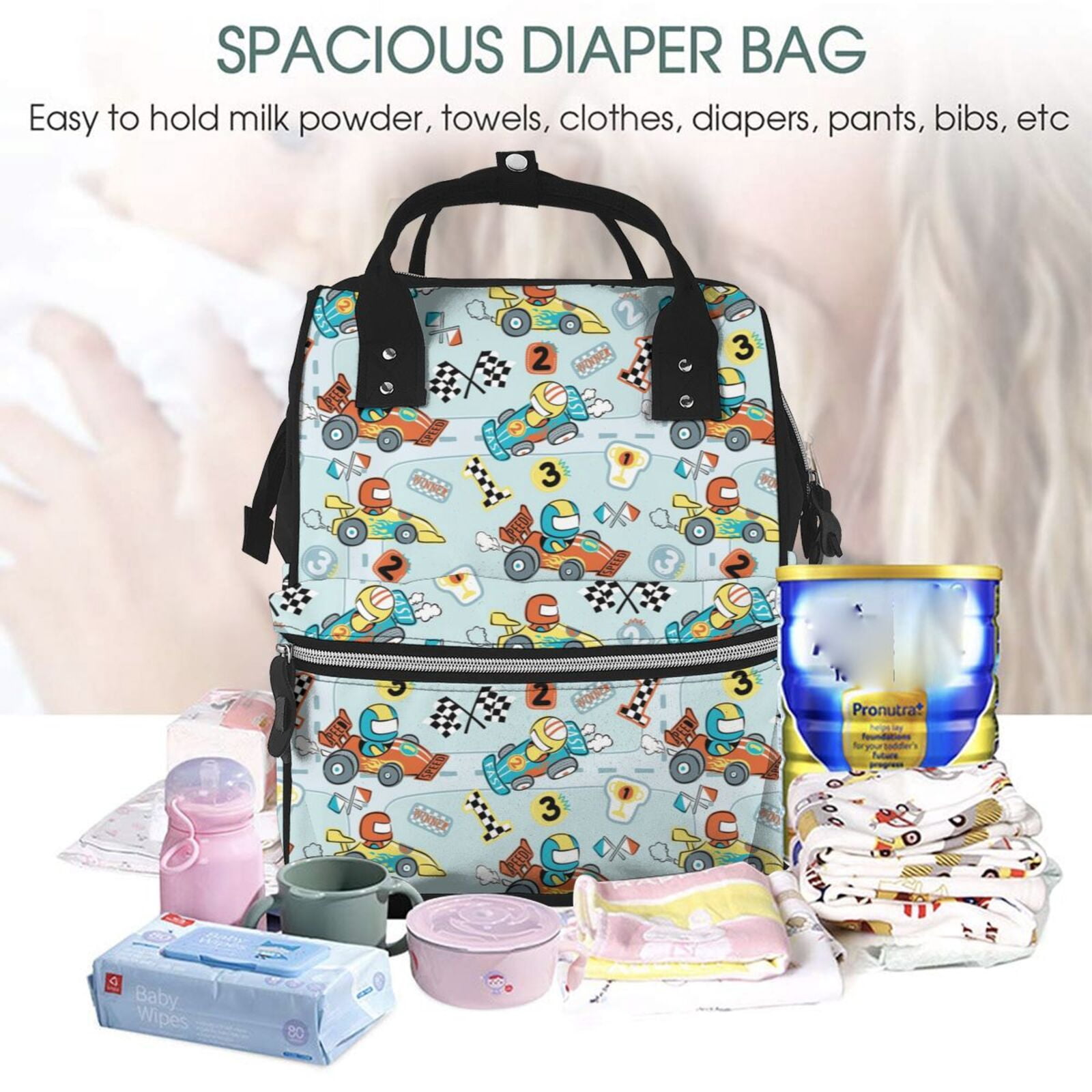 Ratiio Cartoon Car Racing Mummy Backpack - Waterproof Twill Canvas, Large Capacity Diaper Bag with Multiple Pockets and Adjustable Straps