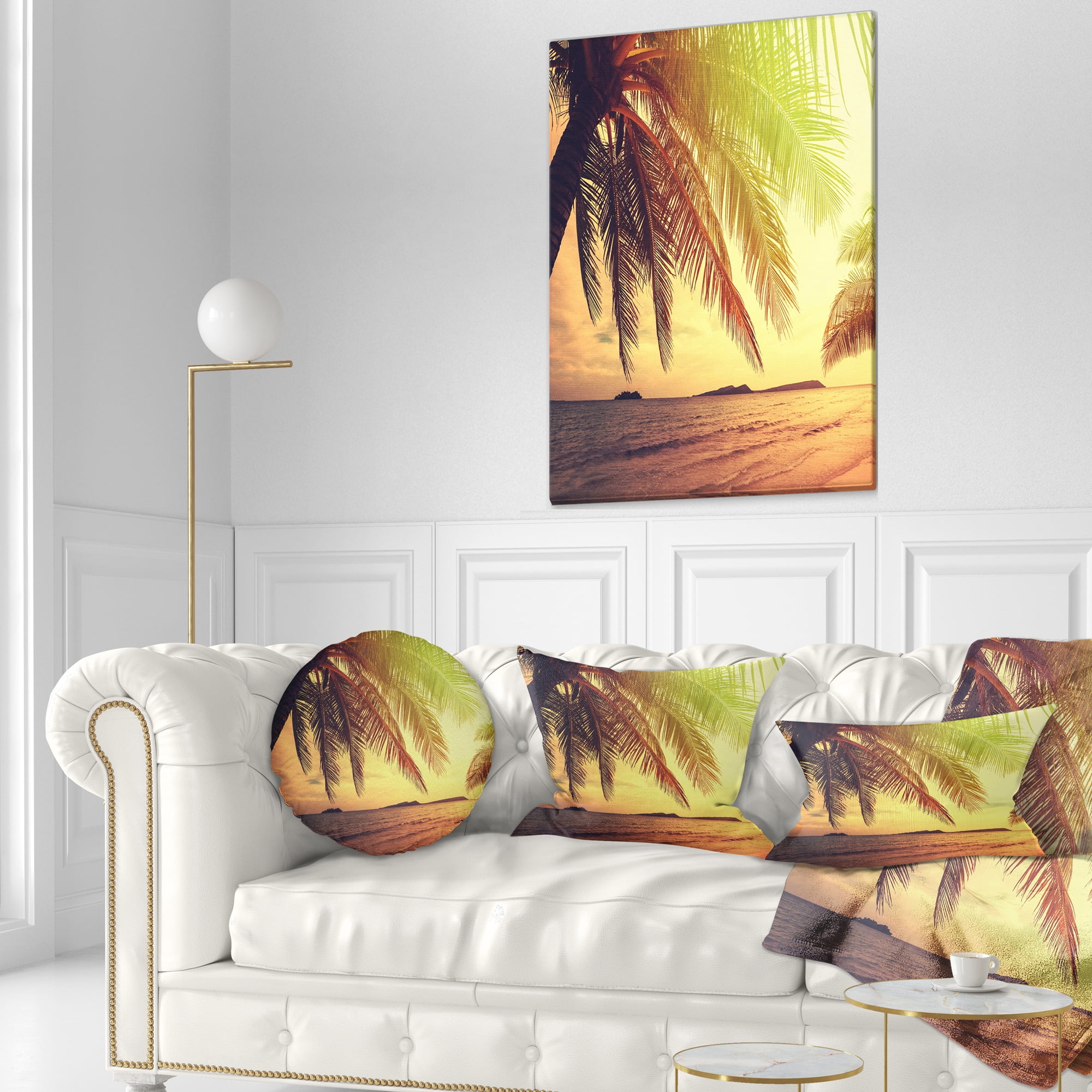 Designart Tropical Beach with Green Palm - Seashore Throw Pillow - 12x20