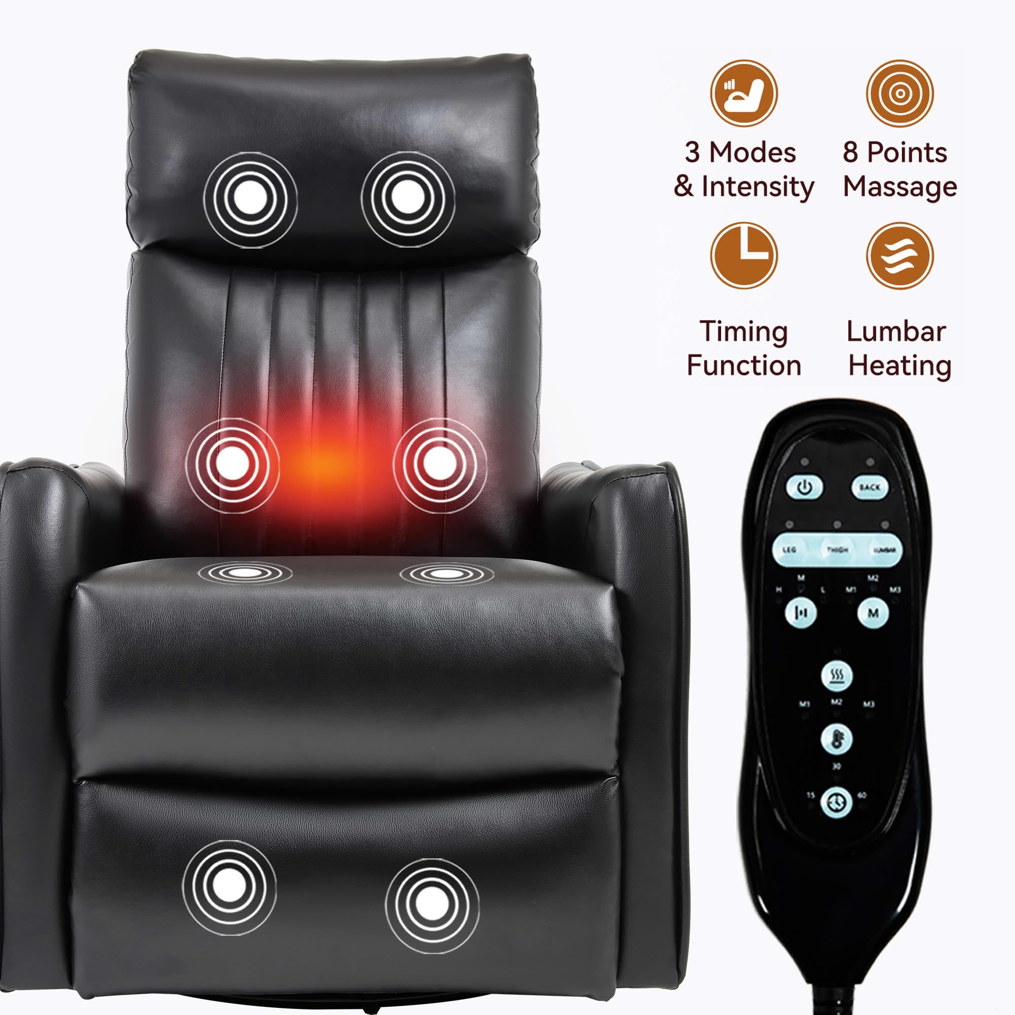 MAYEERTY Faux Leather Heat Massage Recliner Chair, 360° Swivel Rocker 26"x35"x39" for Living Room, White