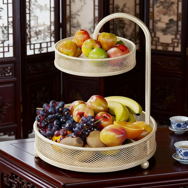 Cesta de frutas, frutero antideslizante de 2 niveles, soporte de almacenamiento, cesta para verduras, cuenco para cocina, encimera de verduras, sala d Blanco