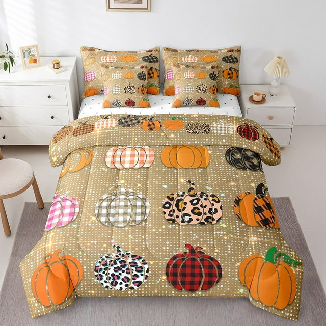 YST Ensemble Douillette 7 Pcs Citrouille d'Automne, Format Grand Lit, Décorations de Citrouilles Colorées, Lit en Sac