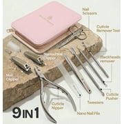Beauty Power 9-in-1 Manicure & Pedicure Set - Stainless Steel Nail Clippers, Cuticle Tools, Tweezers & Scissors with Pink PU Leather Case