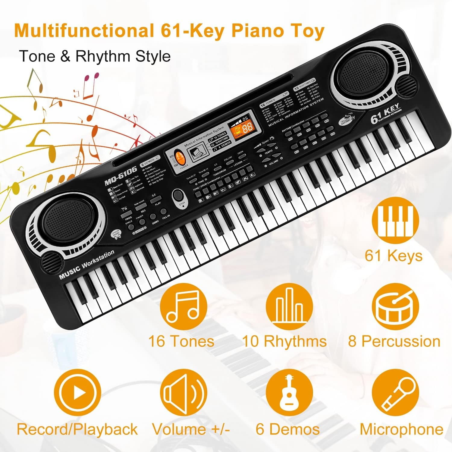 Anself 61 Key Keyboard Piano, Electronic Keyboard Piano with Microphone for Kids Gift, Black