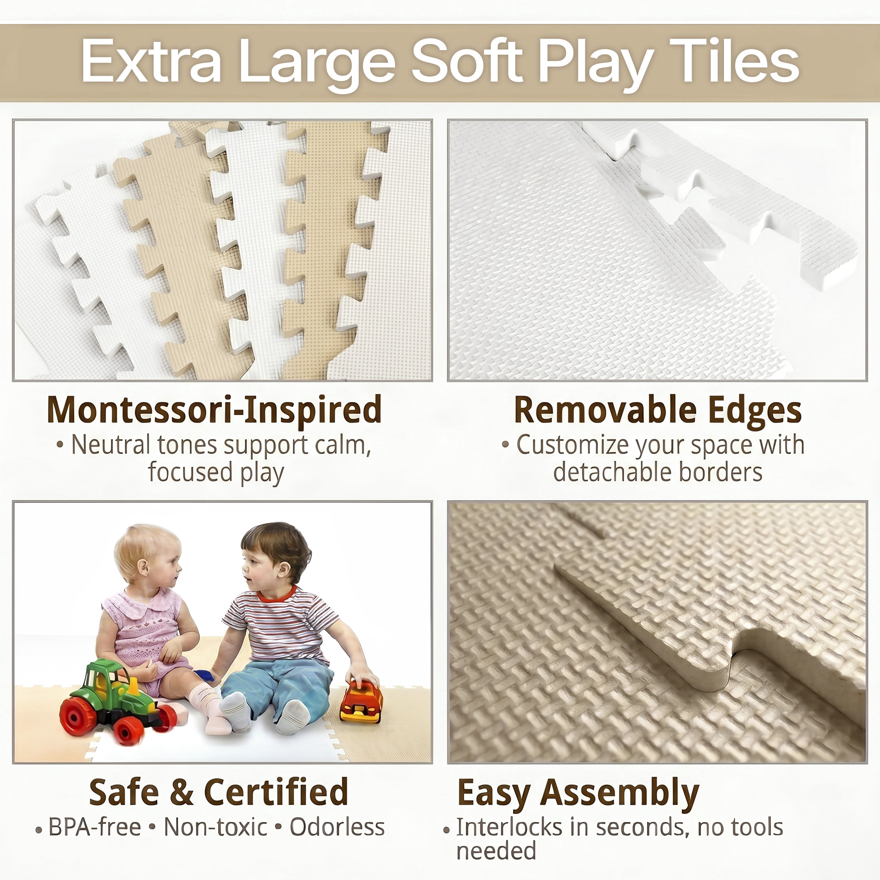 FlooringInc's Rainbow & Natural Harmony Playmat - Kid Safe Foam Floor Tiles with Removable Edges - 2'x2', 1/2" Thick (Moonbeam, 6 Tile Pack)