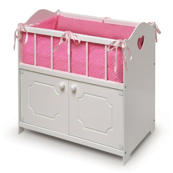Badger Basket Storage Doll Crib with Bedding and Free Personalization Kit - White-Material:100% Polyester Fabric