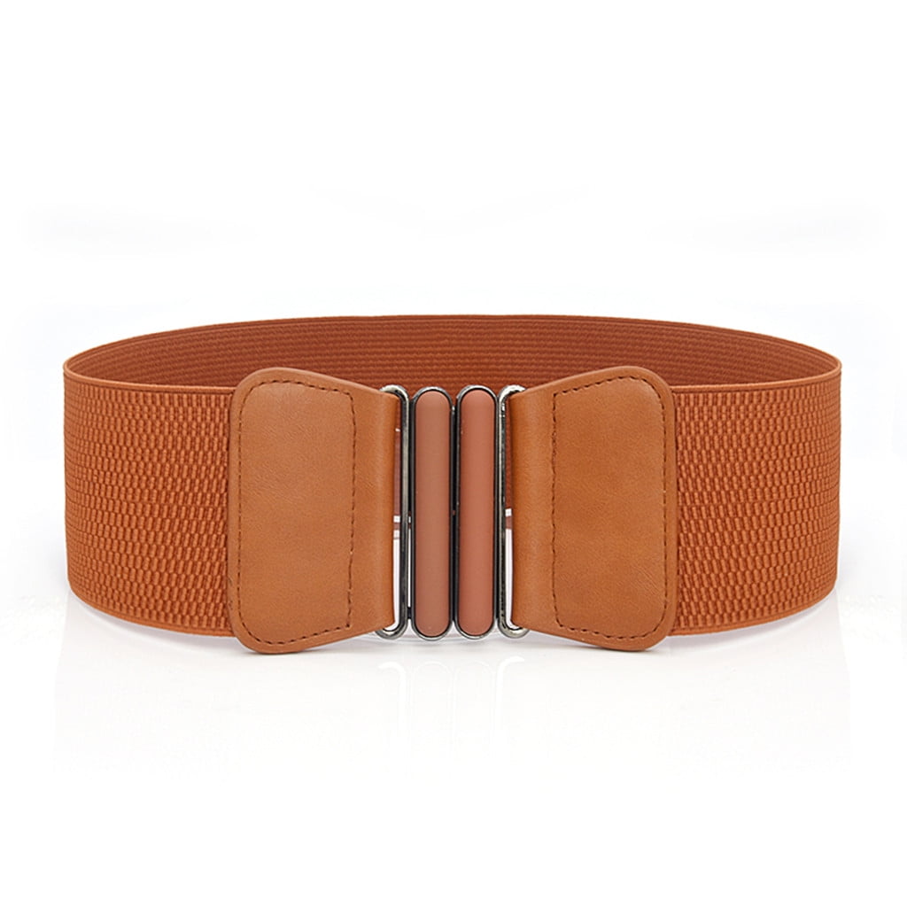 Women Waistband Stretch Straps Wide Elastic PU Leather Wide Metal Buckle Belt S 
