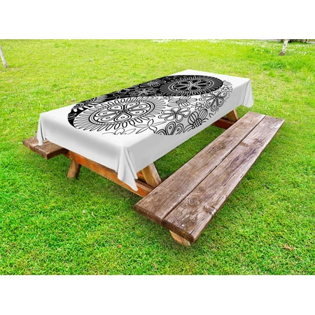 

Ying Yang Outdoor Tablecloth Flower and Petals Art Yoga Themed in Asian Eastern Style Cultural Floral Decorative Washable Fabric Picnic Tablecloth 58 X 104 Inches Black and White by Ambesonne