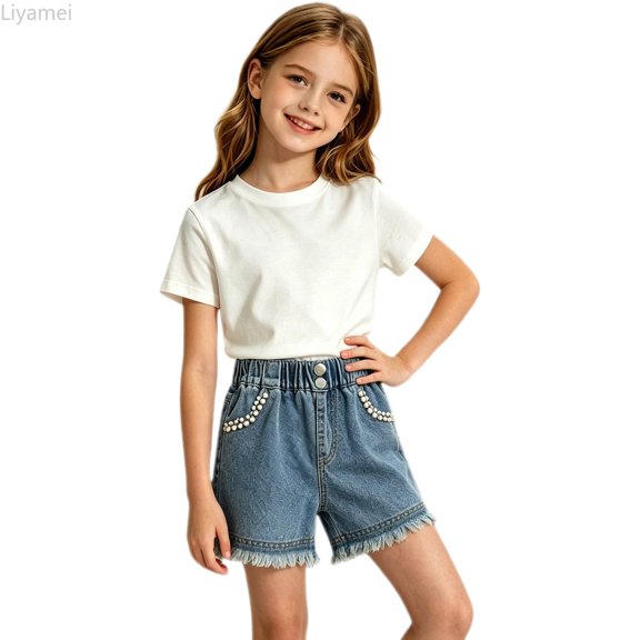 Liyamei Girls Lightweight Denim Shorts for Summer Casual Mid Size 5-14,Blue