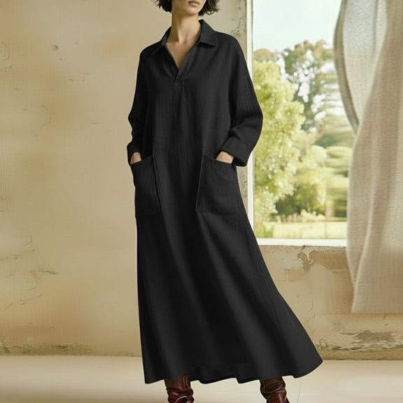 Women's Long Sleeve A-Line Dress with Chest Pocket for Casual Wear