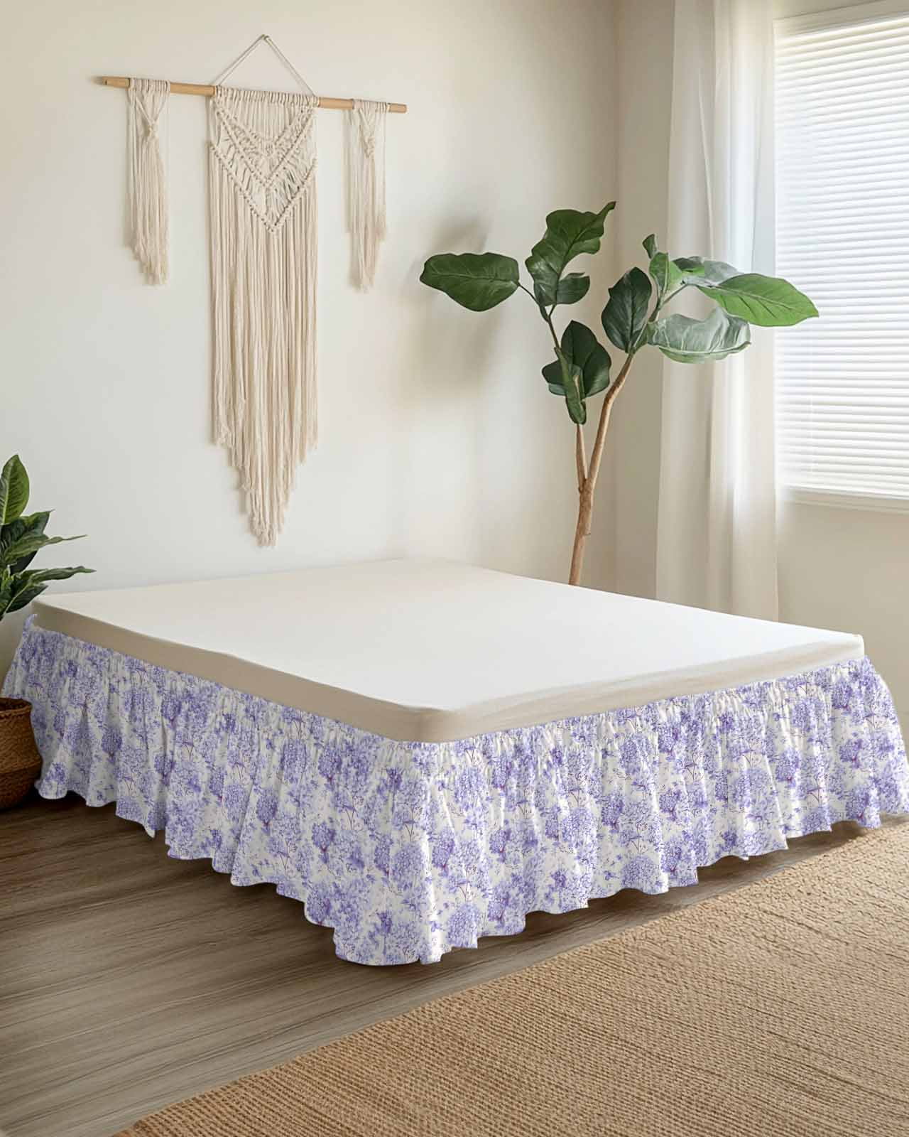 Purple Floral Wrap Around Bed Skirts for Queen Bed 18" Drop,Bed Skirt with Adjustable Elastic Belt Dust Ruffle Bed Valance for Bedroom Hotel Hydrangeas Flower Spring Summer Botanical Bed Frame Cover