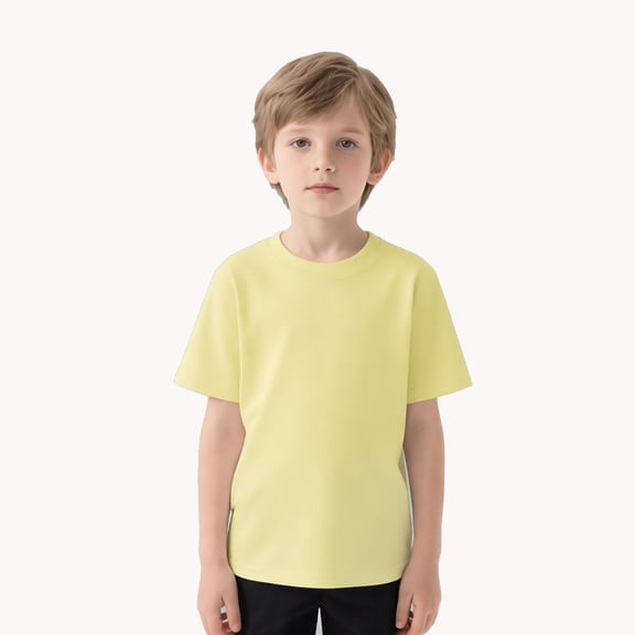 XIYON Children Boys T Shirt Summer Short Sleeved Round Neck Solid Color Comfortable Breathable Tee Top For Casual Daily Wear,Light Yellow,5-6 Years