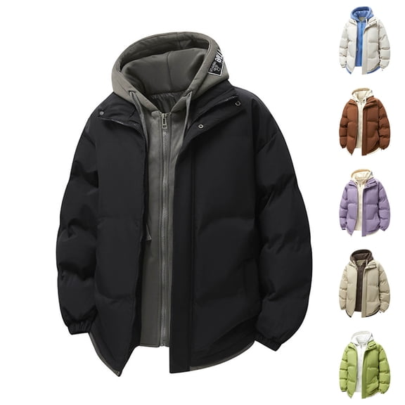 Bixock Men Fleece Puffer Jackets, Quilted Jackets for Men, Men's Solid Color Long Sleeve Hooded Thickened Fake Two Piece Padded Casual Outwear Jackets