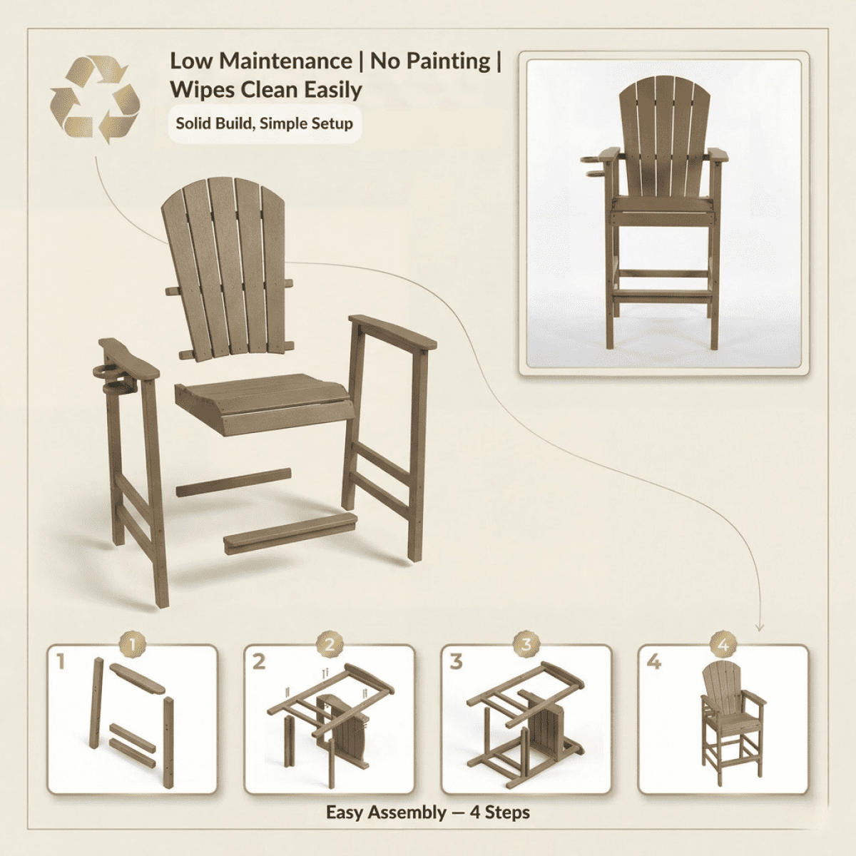 HDPE Bar Height Adirondack Chair All-Weather Outdoor Patio Chair with Cup Holder (Weathered Wood)
