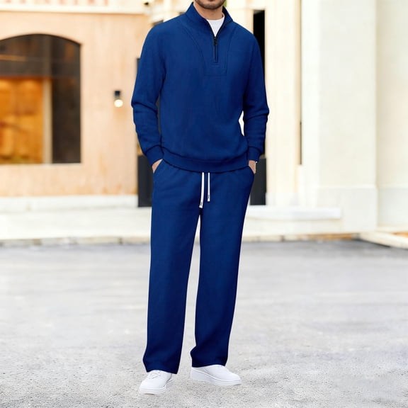 Gamivast Mens Ribbed 2 Piece Set Stand Collar Quarter Zip Pullover and Pants Soft Stretchy Lounge Outfit for Casual Daily Home Sleepwear Relaxed Suits