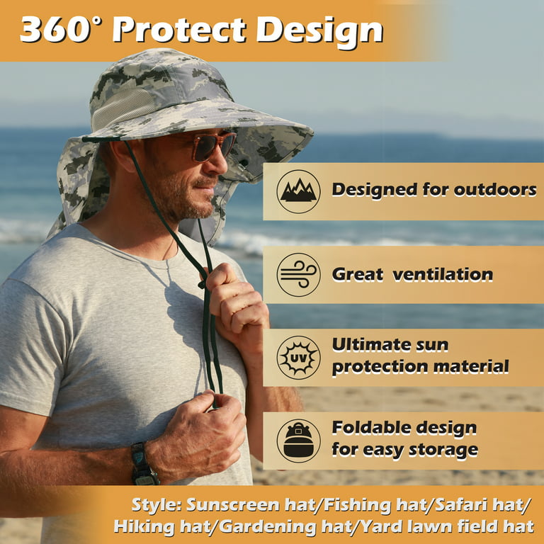 Tirrinia Mens Sun Hat with Neck Flap Wide Brim Fishing Safari Hunting Cap  Camo