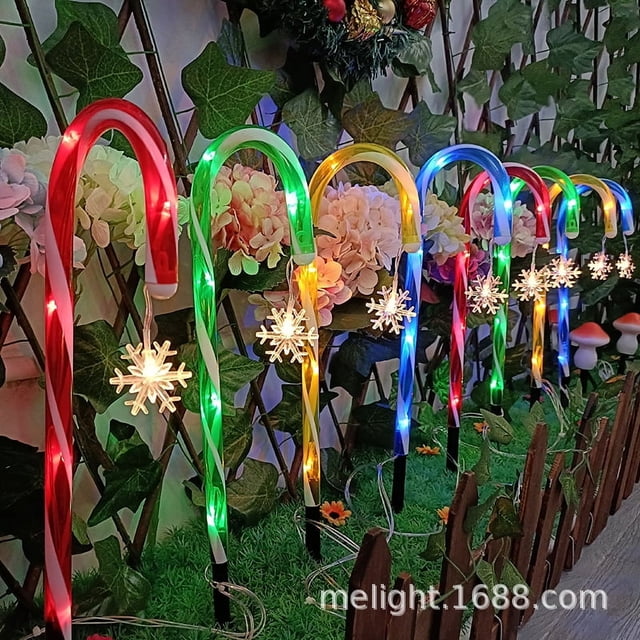 Muleta solar tricolor de Papá Noel con forma de estrella, copo de nieve, mango de paraguas, caramelo, luz LED para césped para exteriores