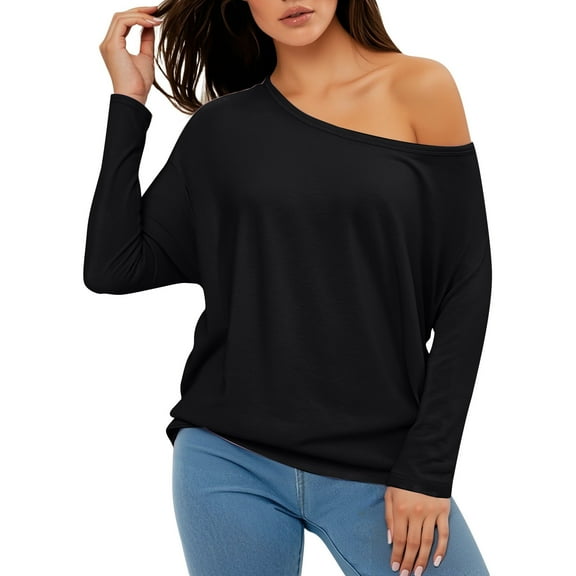 Women's Off The Shoulder Loose Fit Solid Color Long Sleeve Pullover Shirts Oversized Casual 2025 Fashion Tunic Tops
