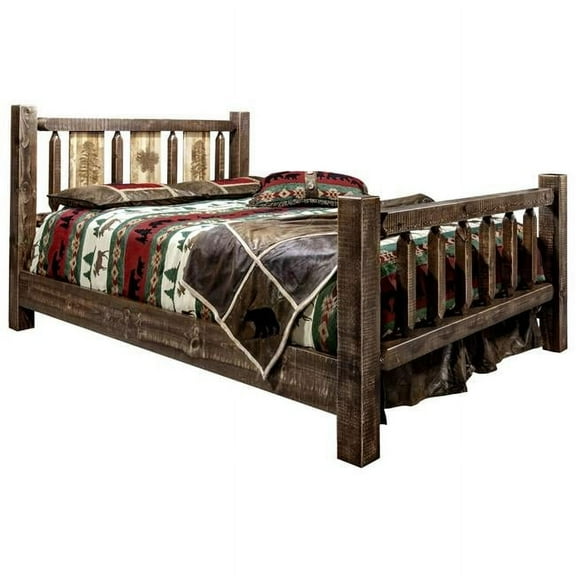 Montana Woodworks  Homestead Collection Queen Size Bed with Laser Engraved Pine Tree Design, Stain & Clear Lacquer Finish