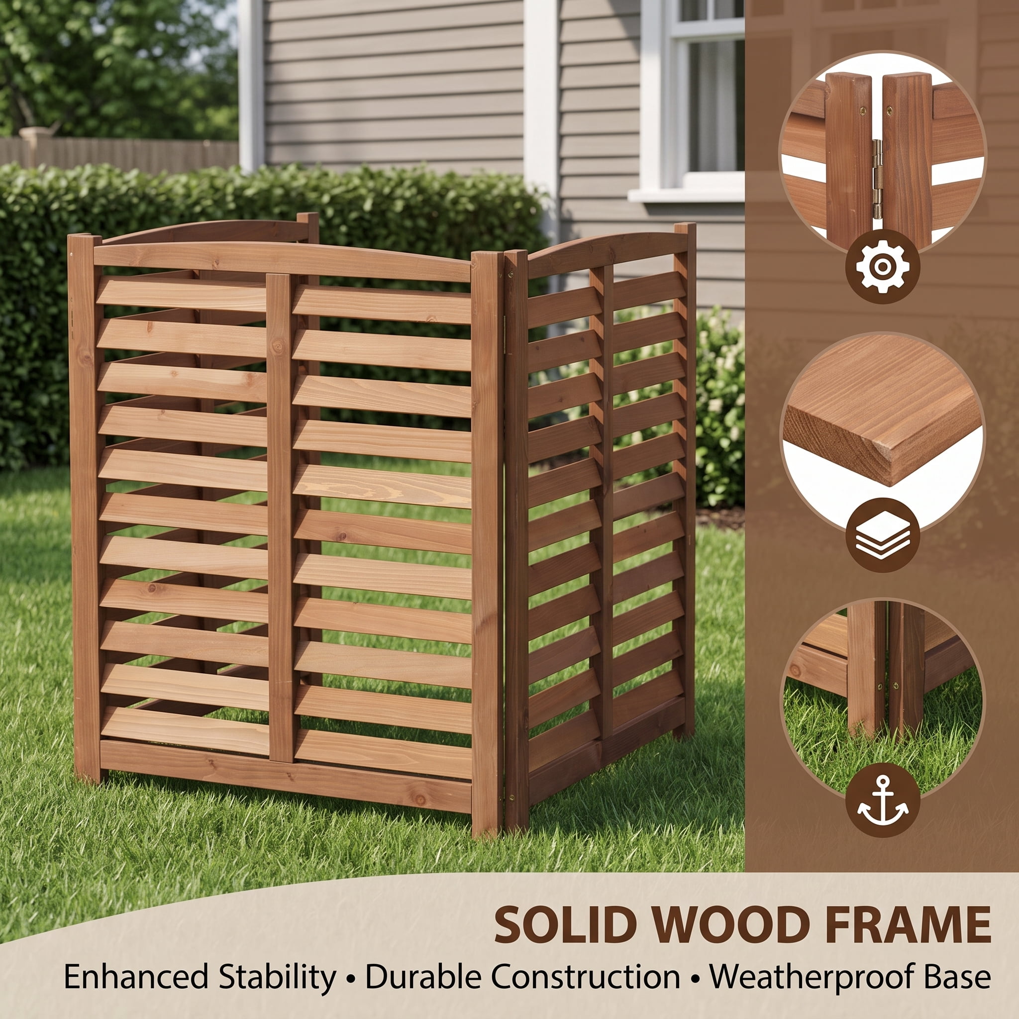Outdoor Wood Privacy Fence 3-Panel 32W x 38H, Solid Wood Air Conditioner Screen with Slat Spacing for AC Unit Trash Can Pool Pump Enclosure, Brown