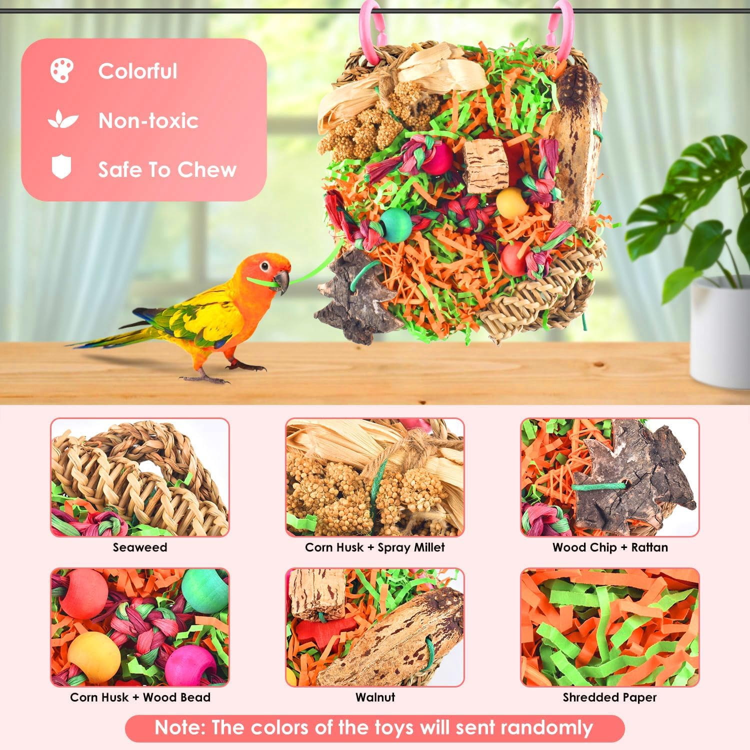 Bird Toys, Parakeet Grass Mat Foraging Toy Parrot Shredding Hanging for Cockatiel Lovebird Parakeet Budgie Birds