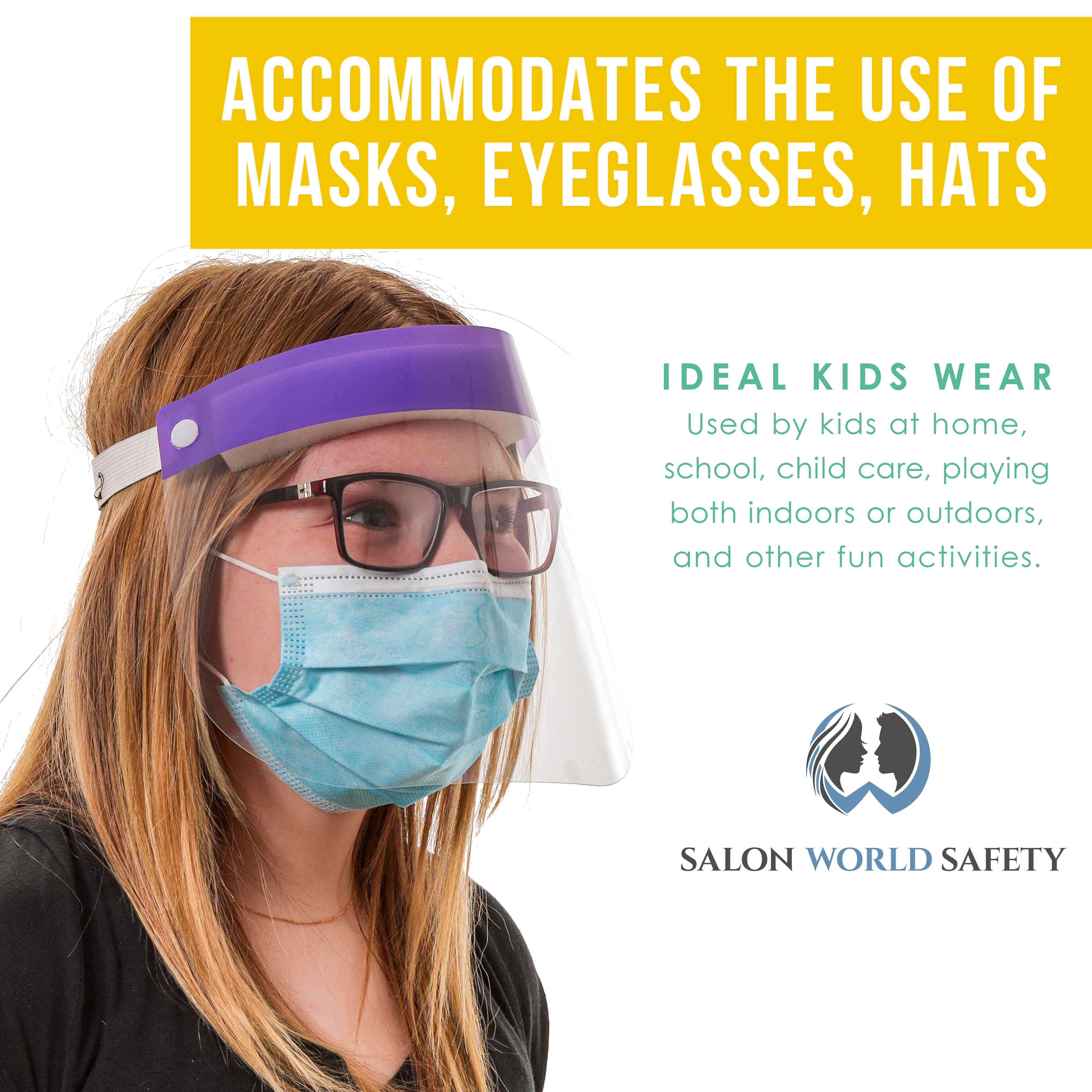 Salon World Safety 200 Kids Face Shields (20 Packs of 10) - 5 Colors, 40 of Each - Clear Protective Children's Full Face Shields to Protect Eyes, Nose Mouth - Anti-Fog PET Plastic, Headband