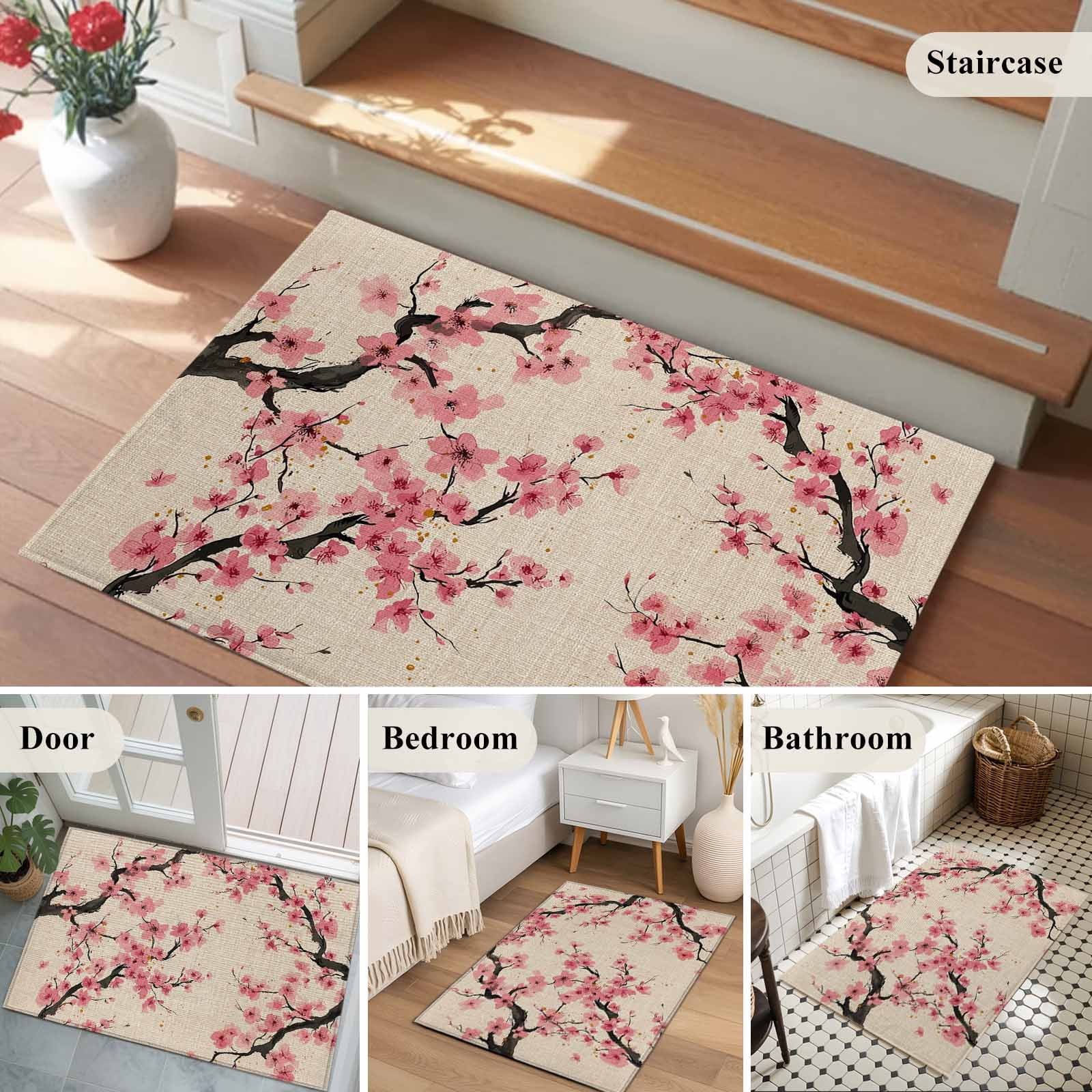 Entryway Rug 2'x3', Spring Flowers Small Rug for Kitchen Bathroom Door Mat Indoor Entrance, Country Pink Peach Blossoms Botanical Floral Non-Slip Area Rugs Floor Mats Carpet Front Door Rugs