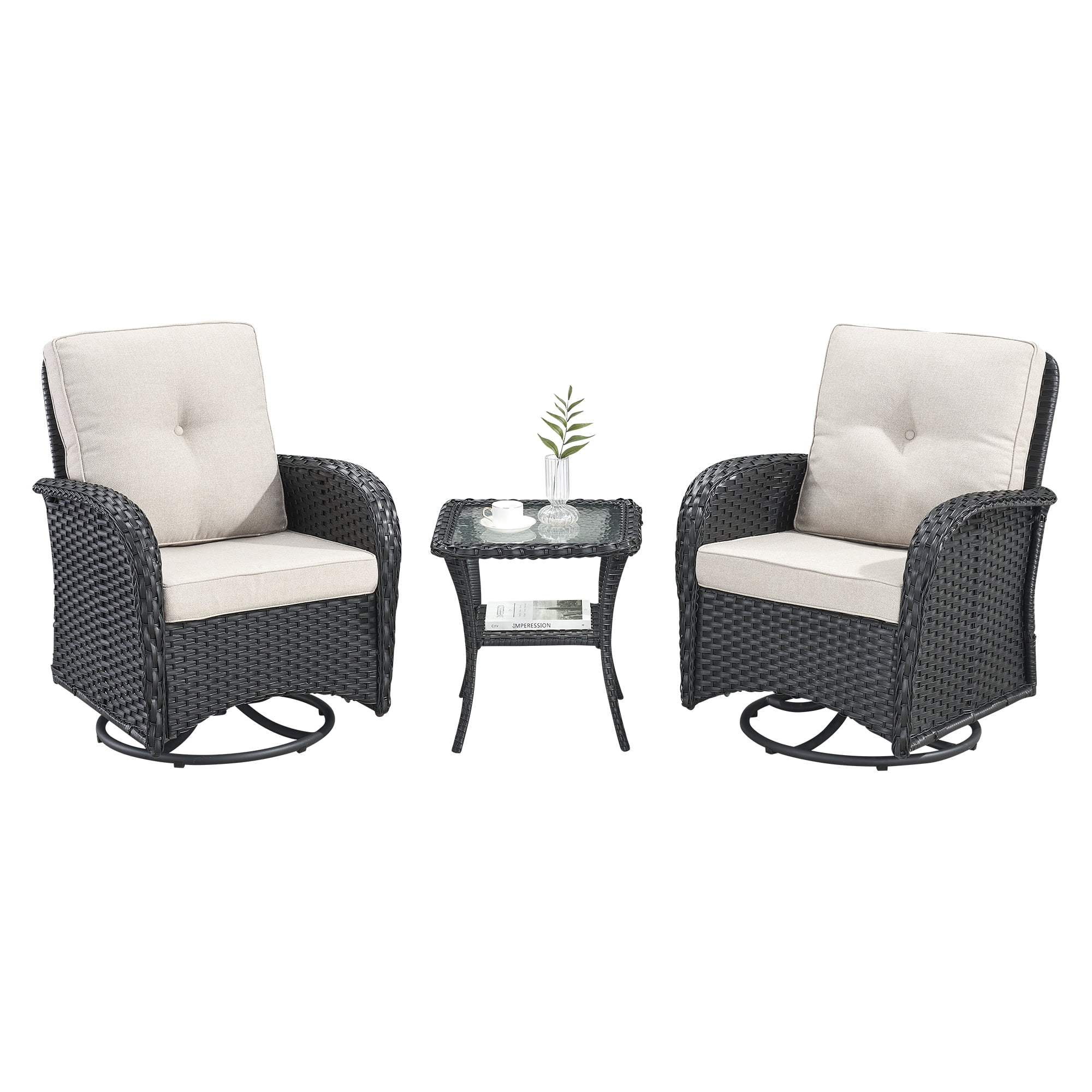 Gymojoy Outdoor 3-Piece Conversation Set, Patio Wicker Swivel Glider Rocker Chair Set for Porch Balcony Backyard, Beige Cushions
