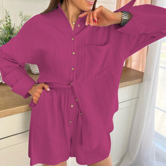 Xysaqa Pajamas Women's Long Sleeve Sleepwear Soft Button-Down Shorts Set Comfy Cotton Loungewear Pjs Set 2 Piece Outfits Nightwear