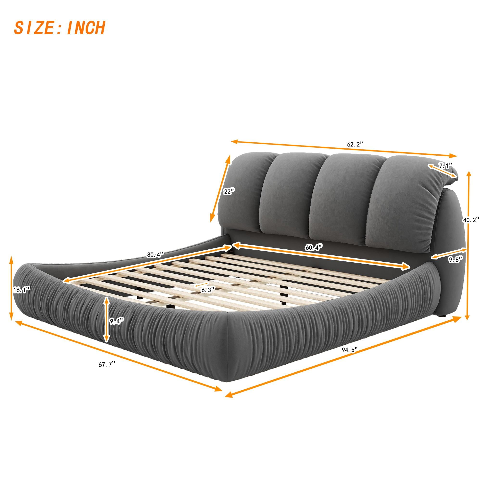 PORKISS Queen Upholstered Bed Frame with Super Soft Thick Headboard, Oversized Padded Backrest, Gray