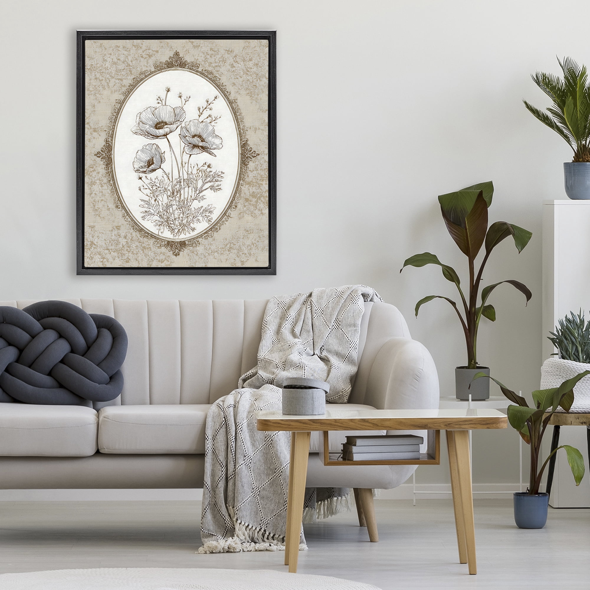 Stupell Industries Vintage Floral Sketch of Poppies Black Framed Floater Canvas Wall Art, design by Ink Drop Loft