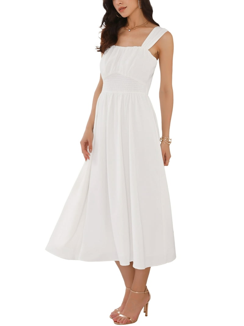 elegant white semi formal dresses Classic Cotton Elegance A-Line Midi Dress L main image 0