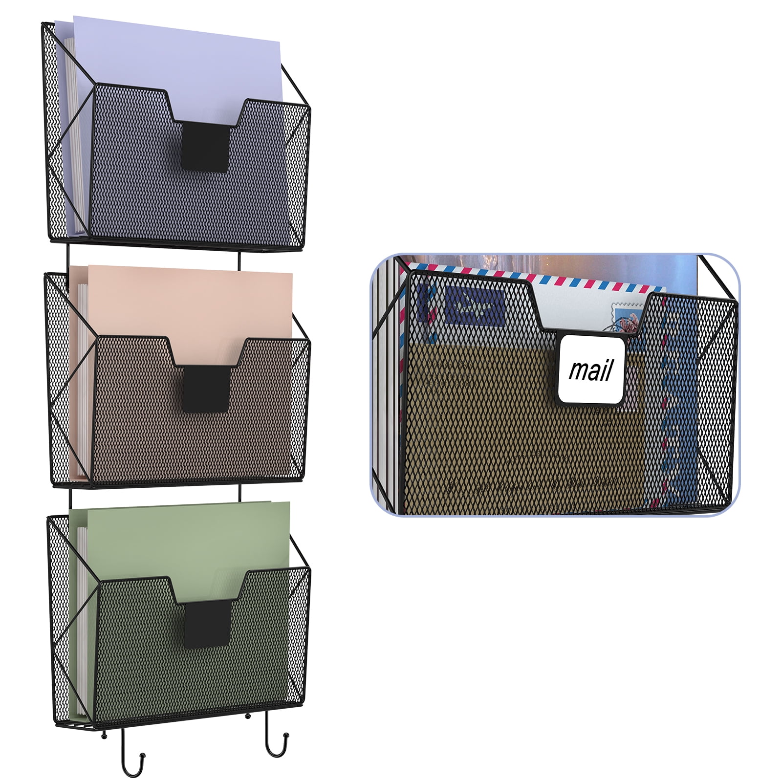 3-Pack Wall Mounted Mesh File Holder, Hanging Document Organizer with Label Slots for Home, Office