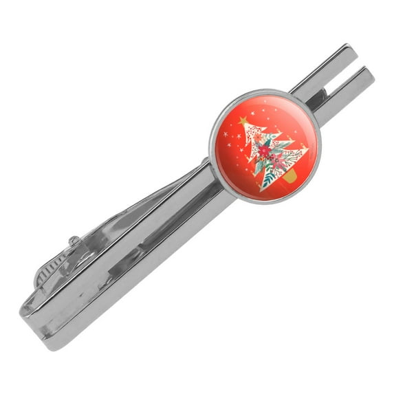 Christmas Tree with Candles Round Tie Bar Clip Clasp Tack Silver Color Plated