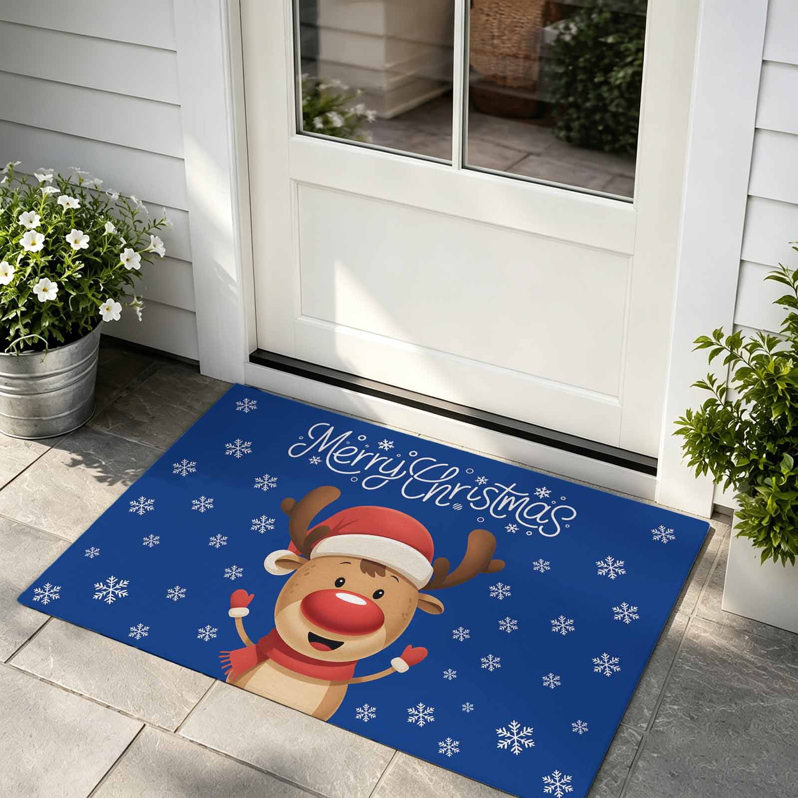 Front Door Mat Indoor Outdoor Entrance Merry Christmas Low Profile Doormats Non-Slip Backing Blue Winter Xmas Hat Deer Snowflake Absorbent Welcome Mat for Entryway Hallway 16 x24