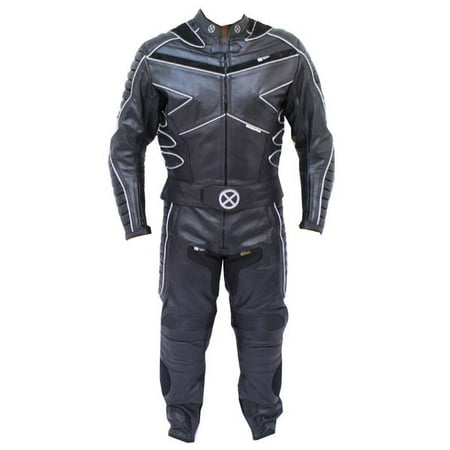 Perrini 2 PC X-MEN Leather Suit Black CE Armor Heavy Cowhide Racing Suit with Night Visibility