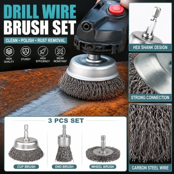 3PC Wire Wheel Brush Set with 0.25 Inch Hex Shank for Power Drill Stainless Steel and Copper Wire Brushes for Rust Removal Grinding and Metal Cleaning with Black Coating Silver