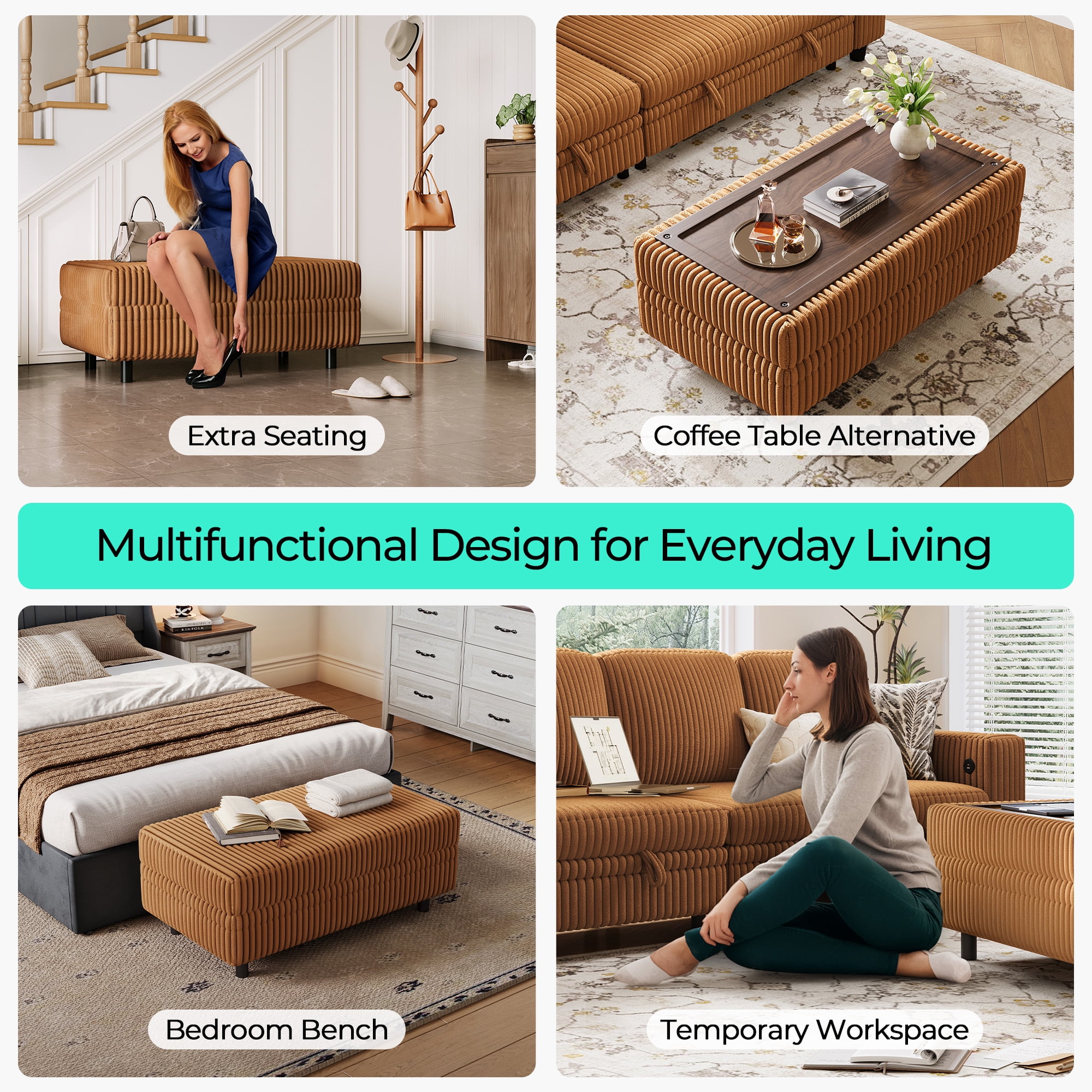 LINSY HOME Modular Sectional Couches for Living Room, Sofa Bed with Storage Seat, Pull Out Couch Bed with Storage Ottoman, Brown