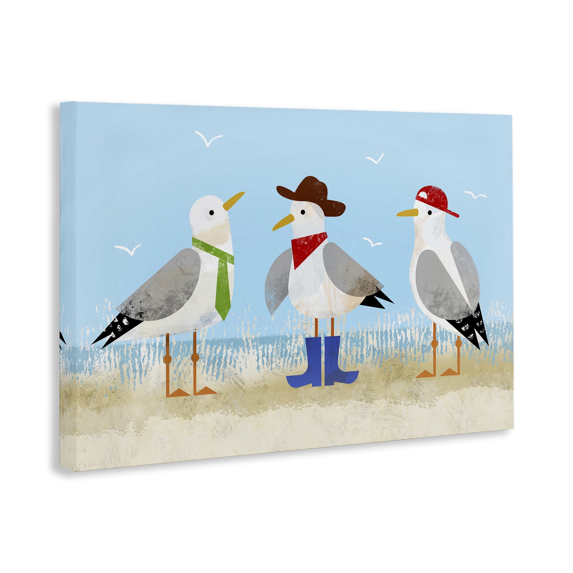 Stupell Industries Dressed Seagulls on Beach Animals Painting Wrapped Canvas Art Print Wall Art, 45 x 30