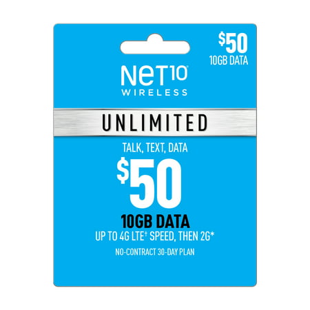 Net10 $50 Unlimited 30 Day Plan (10GB of data at high speed, then 2G*) (Email