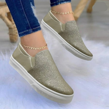 

ERTUTUYI Ladies Fashion Solid Color Leather Sequin Low Top Large Size Flat Casual Shoes Gold 42