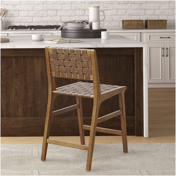 Modern Pecan Finish Counter Stool with Woven Faux Leather Seat 24" H