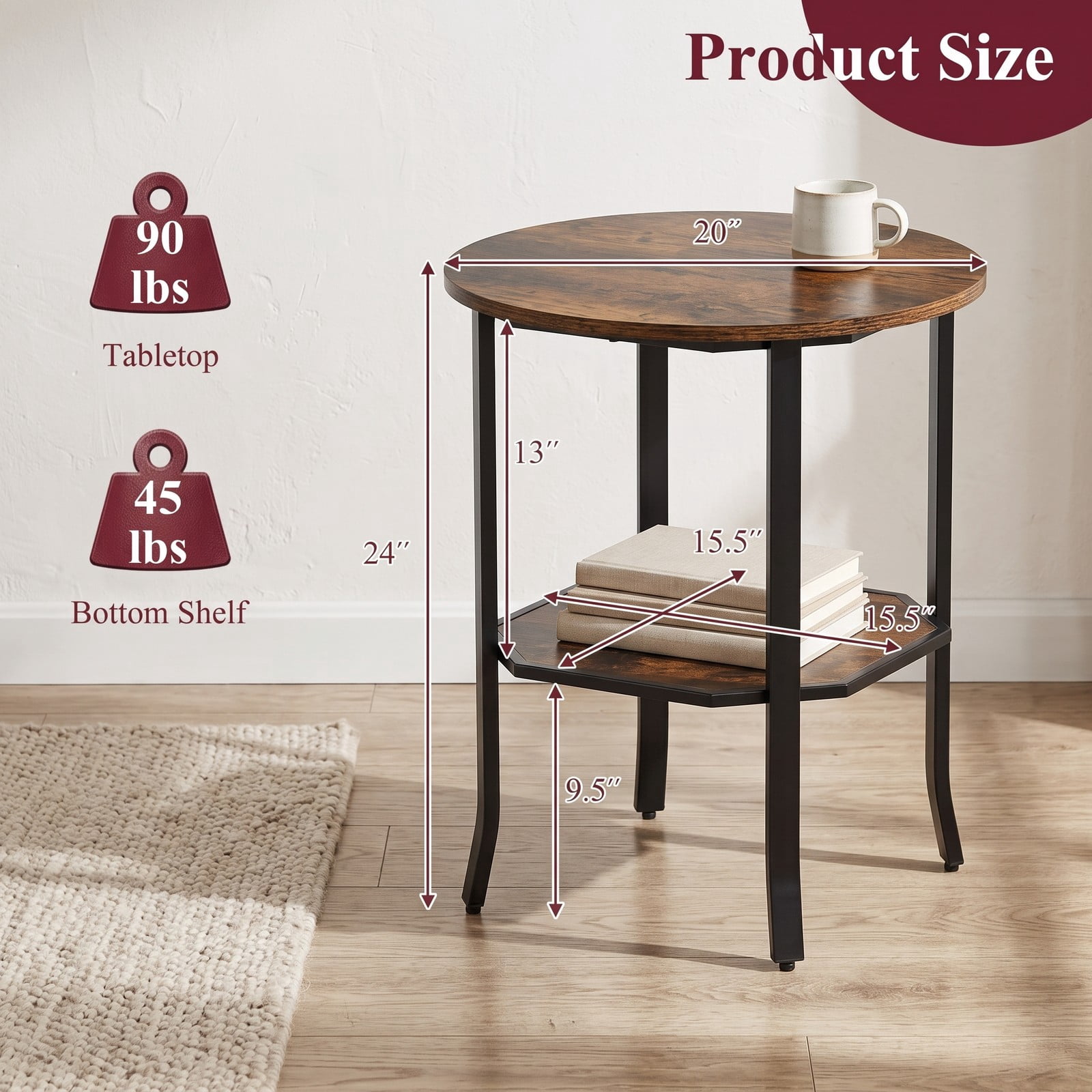 Furnibear Round Side Table Small End Table with Storage Shelf, 2-Tier Nightstand Sofa Bedside Table for Small Space Living Room Bedroom, Rustic Brown