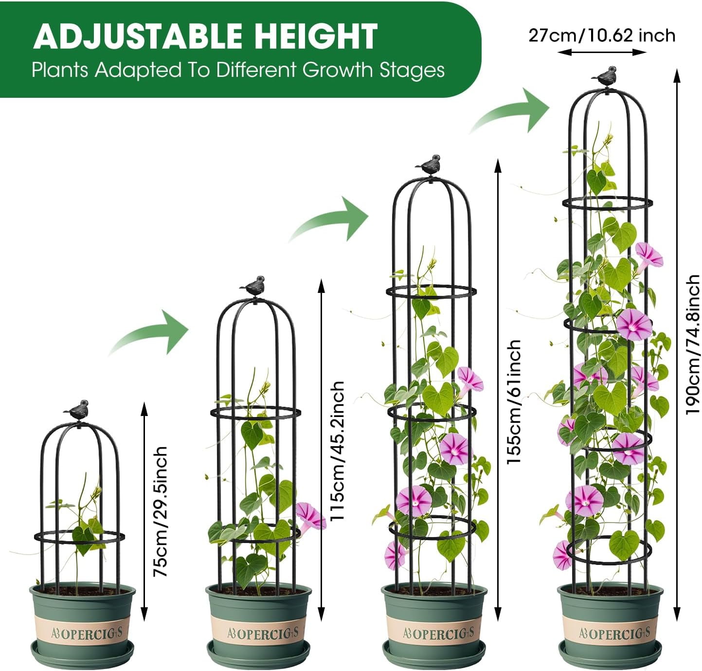2 Pcs Garden Trellis for Climbing Plants, 6.2 Ft Rustproof Metal Pipe with Heavy Duty Plastic Coated, Garden Outdoor Indoor Potted Plant Support, Obelisk Garden Trellis for Climbing Vine