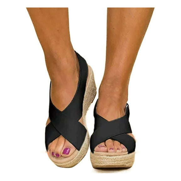 Zhuge Women Wedge Platform Sandals Espadrille Slingback Ankle Buckle Peep Toe Summer Shoes,Size US 6 Black