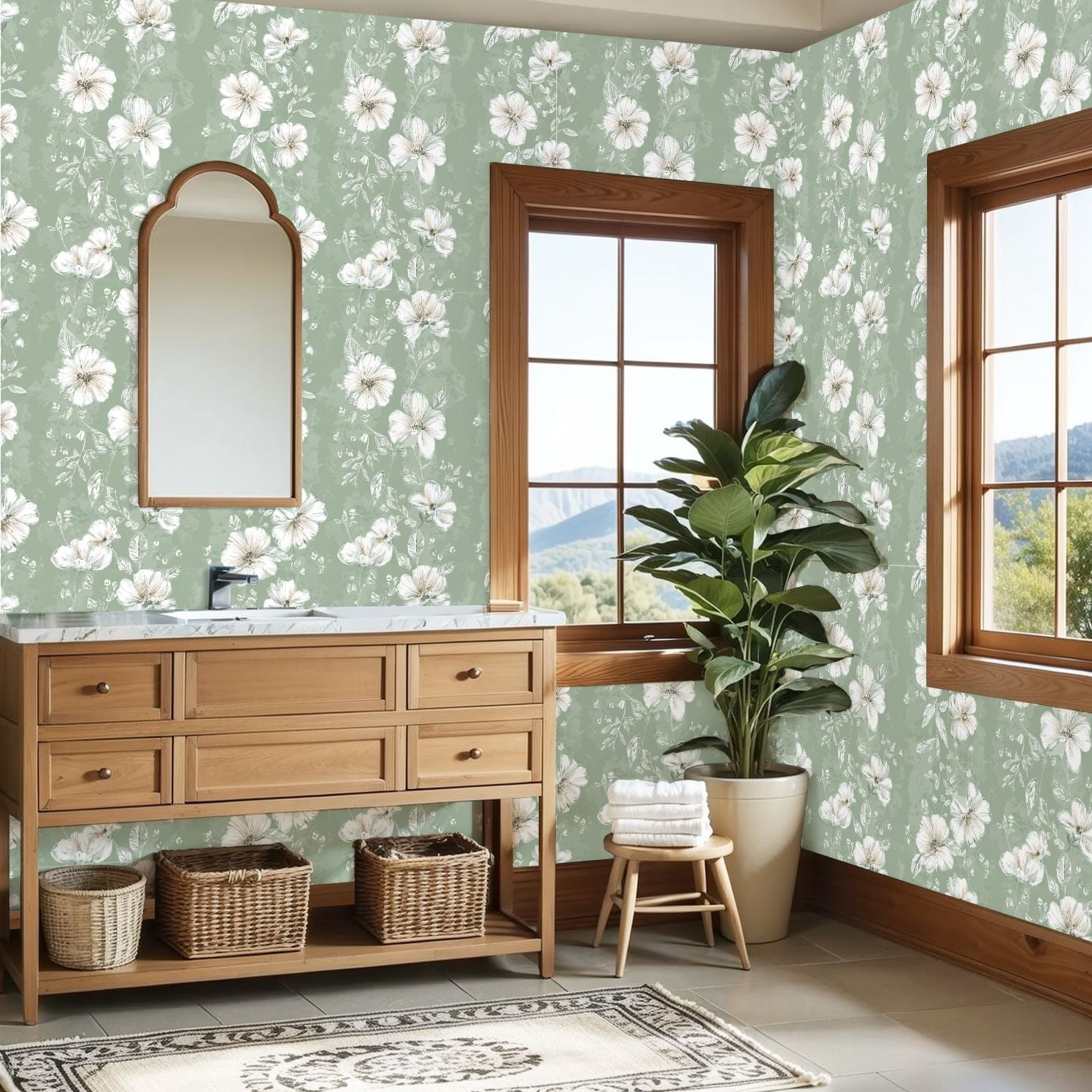 Sage Green Peel and Stick Wallpaper Floral Soft White Flowers Green Wall Mural 23.6in x 9.8ft Self Adhesive Removable Wall Paper Renter Friendly Wallpaper for Girls Bedroom