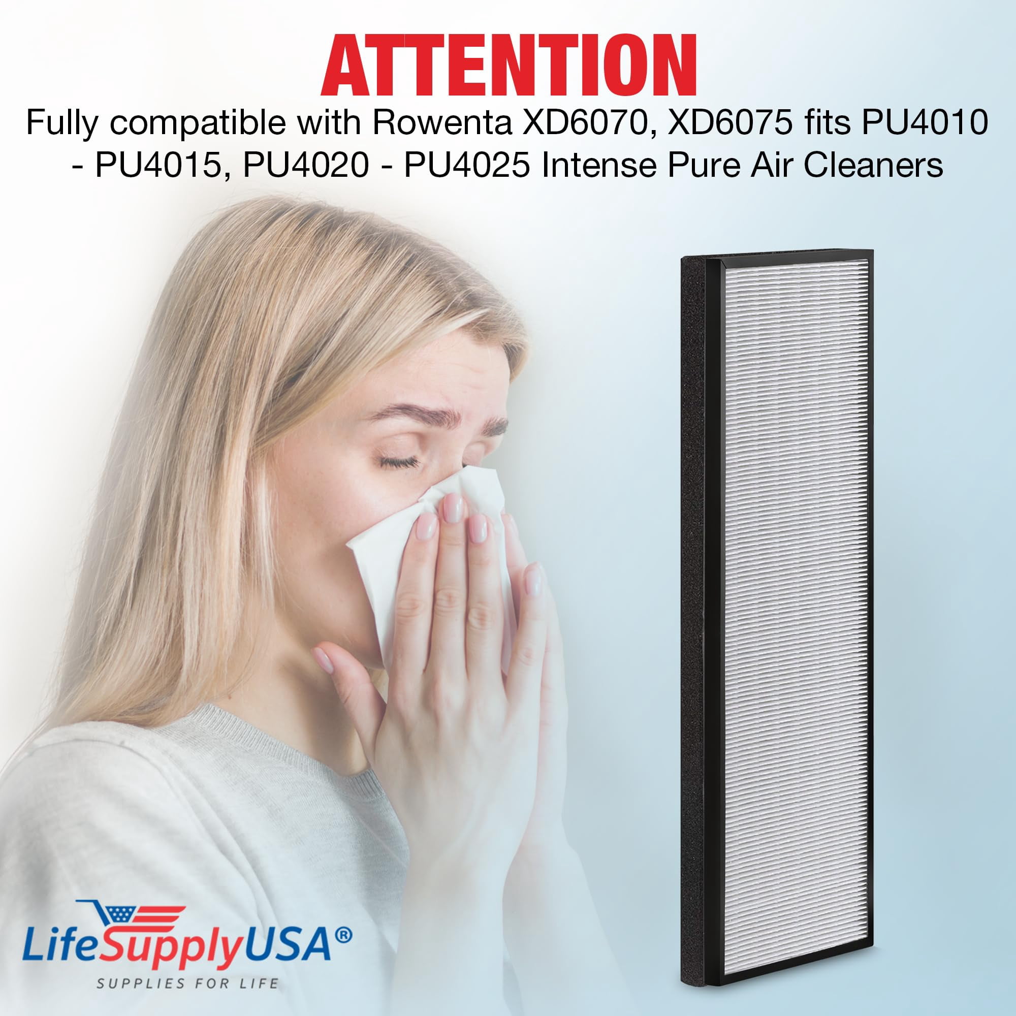 LifeSupplyUSA True HEPA Filter Replacement Compatible with Rowenta XD6070, XD6075 fits PU4010 - PU4015, PU4020 - PU4025 Intense Pure Air Purifier