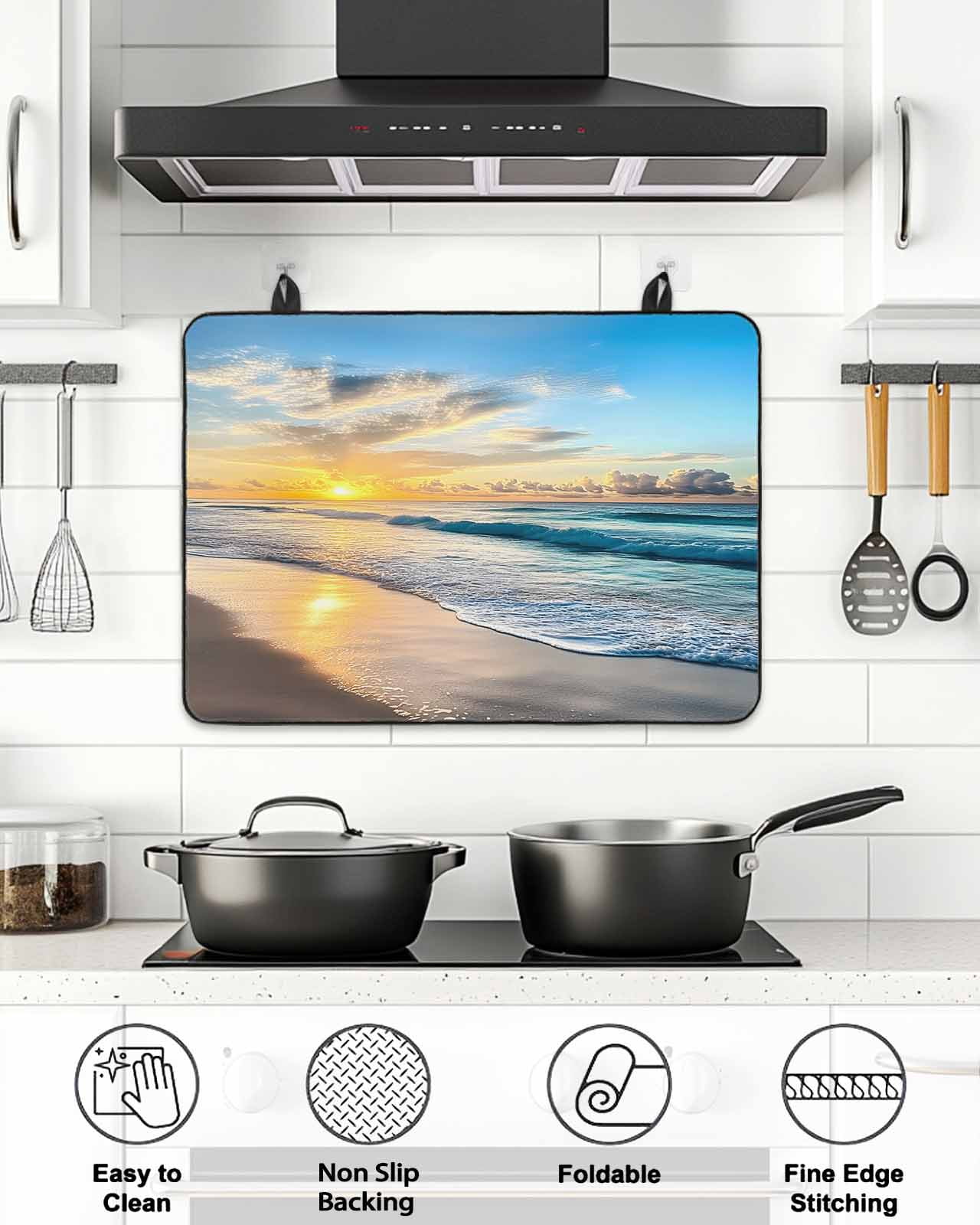 Stove Top Covers for Electric Stove, Ocean Sunset Glass Stovetop Cover Protector, Beach Blue Sky Coastal Seashore Summer Induction Cooktop Protector Oven Mat for Kitchen Countertop 24"x21"