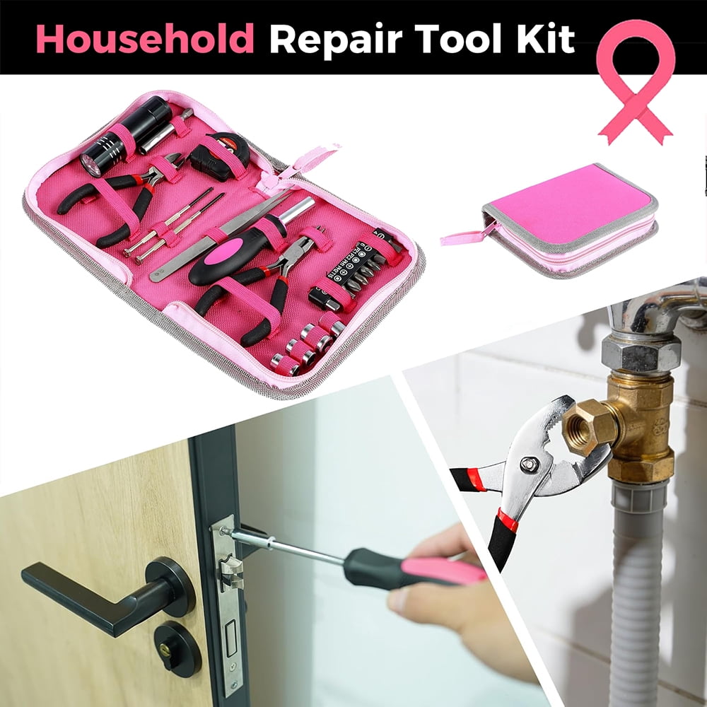 General Household Tool Set, Pink Tool Set withToolbox Storage Case, Essential Hand Tools for Everyday Home Repairs, Household Tool Kit for Women, Girls and Ladies
