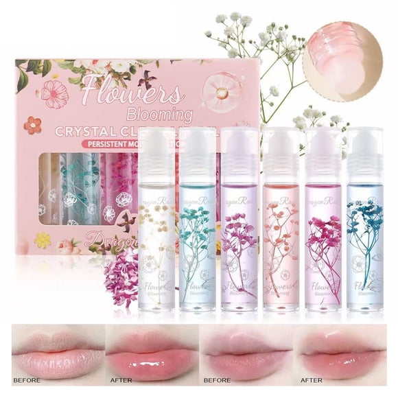 Petansy Flower Jelly Lip Oil Set 6 paquetes de humectante de larga duración Roll On Lip Gloss Set con flores reales maquillaje de labios brillante para labios secos y agrietados